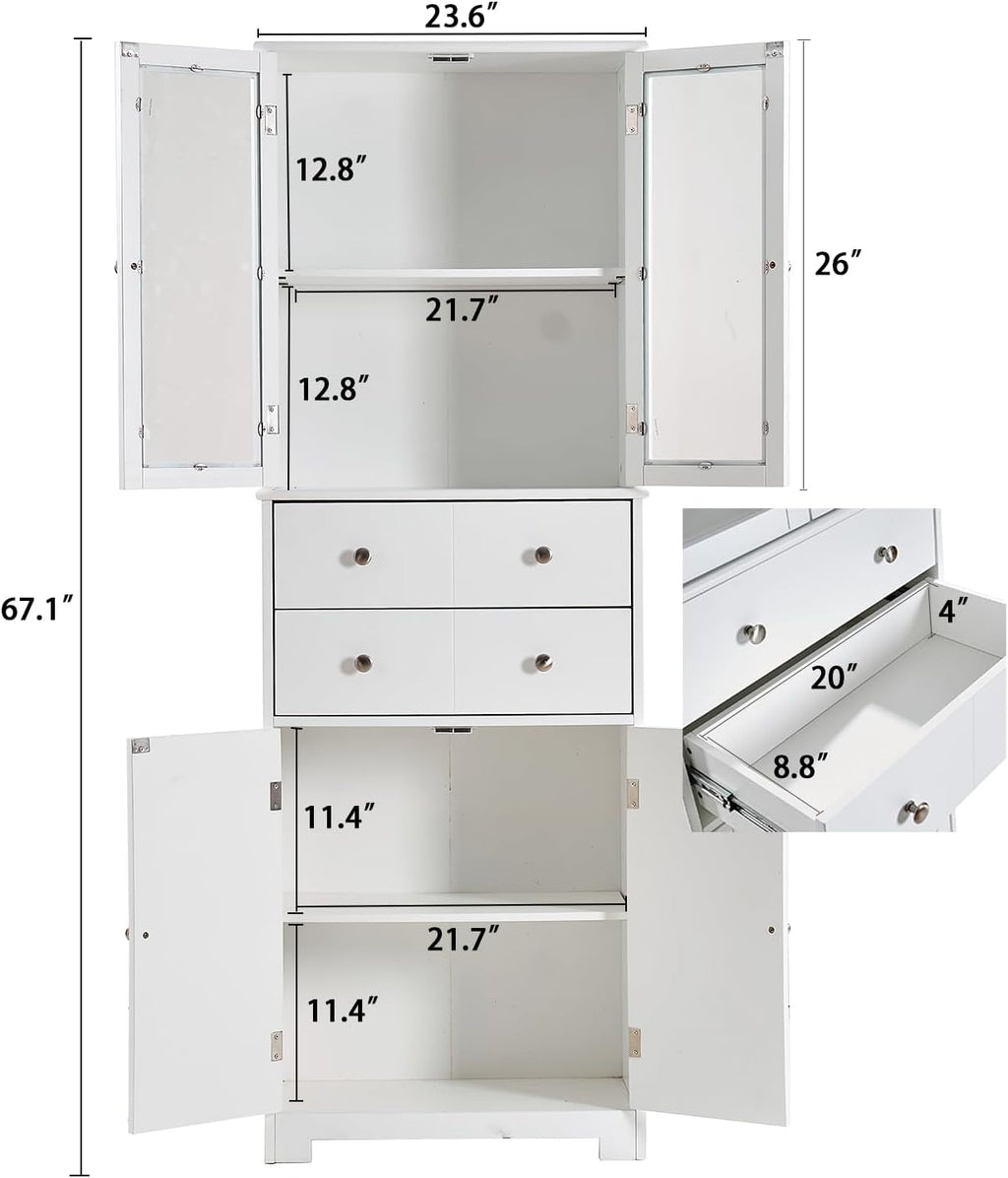 67" Tall Kitchen Pantry Cabinet with Glass Doors and Adjustable Shelves,Freestanding Kitchen Pantry Storage Cabinet with Drawer,Large Food Cupboard for Bathroom,Craft Room,Laundry Room