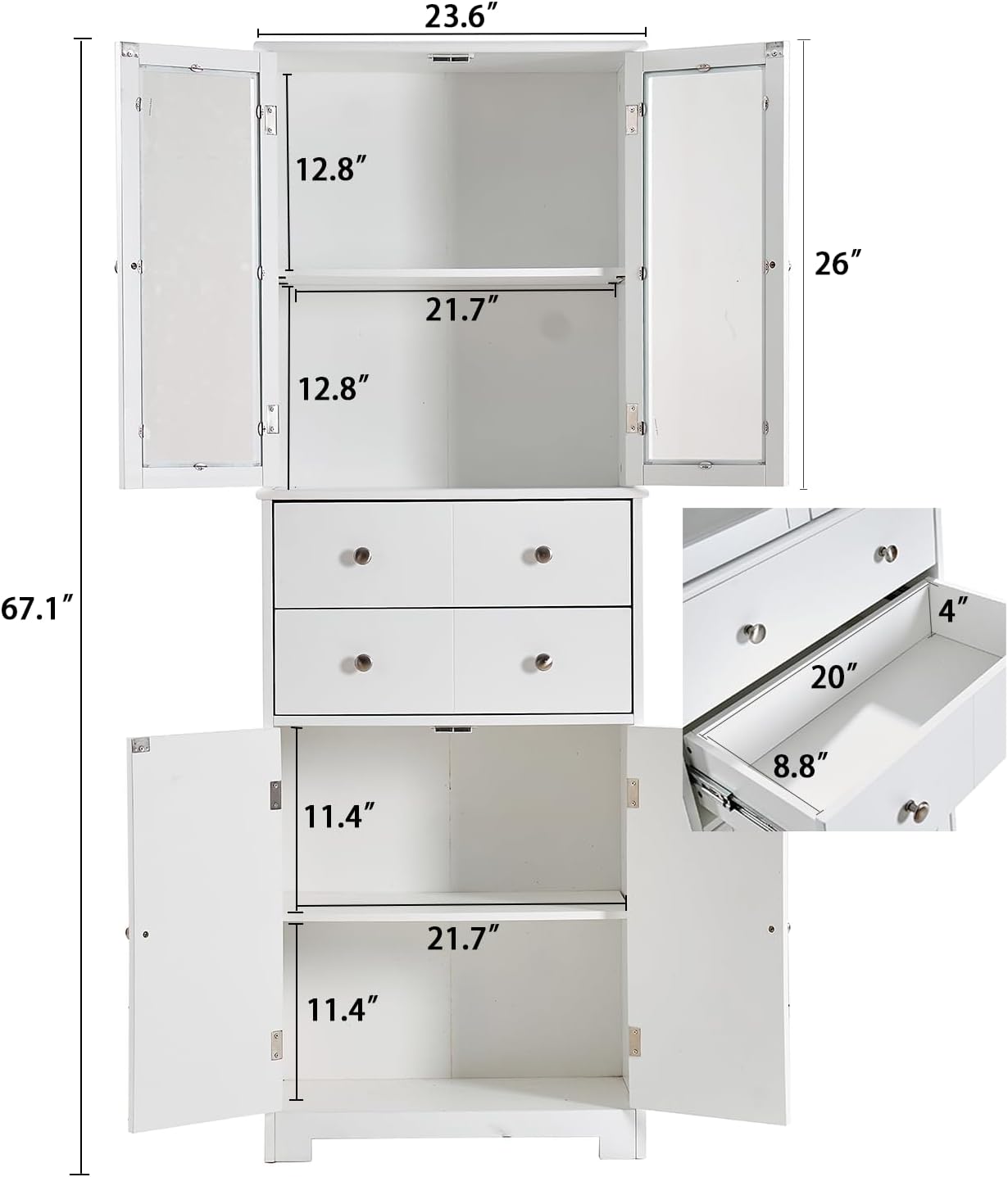 67" Tall Kitchen Pantry Cabinet with Glass Doors and Adjustable Shelves,Freestanding Kitchen Pantry Storage Cabinet with Drawer,Large Food Cupboard for Bathroom,Craft Room,Laundry Room