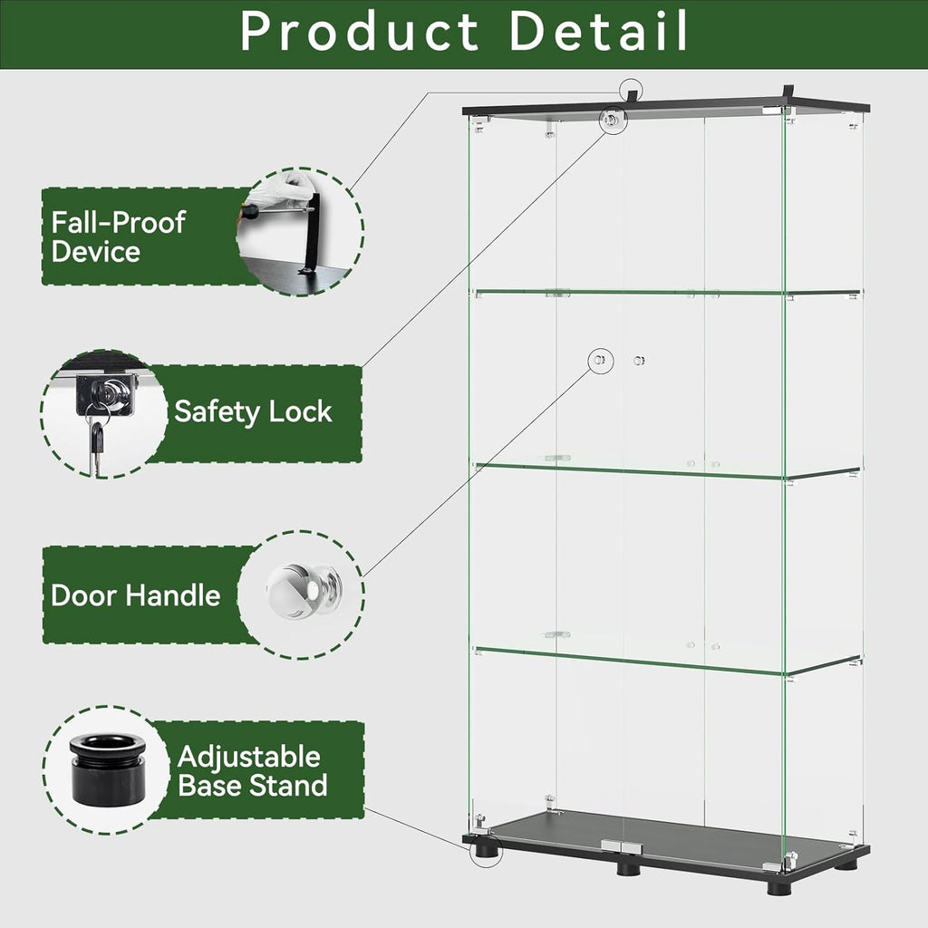 Glass Display Cabinet with 4-Shelf Double Door and Lock, 5mm Tempered Glass