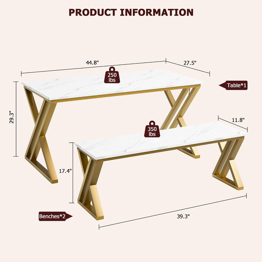 GAOMON Dining Table Bench Set for 4, Kitchen Table Set With 2 Benches, Rectangular Dining Room Table Set With Faux Marble Tabletop, Sturdy Metal Frame, Saving Space for Kitchen, Dining Room, Apartment