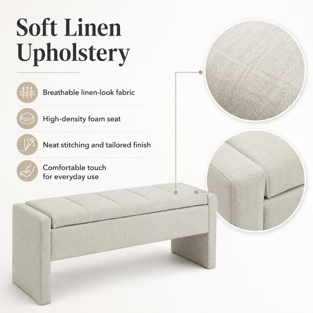 47.25 Inch Storage Ottoman Bench, Linen Upholstered, Light Grey | End of Bed Storage Bench, Entryway Shoe Bench and Footrest for Bedroom, Living Room, Dorm, Window Area and Small Spaces
