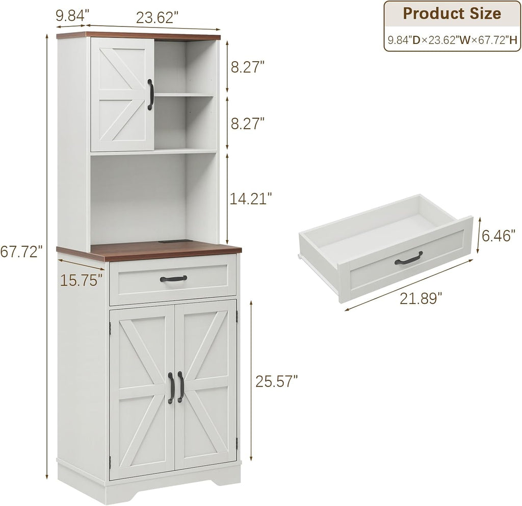 Vabches 68" Farmhouse Storage Cabinet with LED Light & Charging Station, Tall Kitchen Pantry Storage Cabinet with Storage Drawers, Coffee Bar with Hutch for Home Dining Living Room, Rustic White