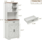 Vabches 68" Farmhouse Storage Cabinet with LED Light & Charging Station, Tall Kitchen Pantry Storage Cabinet with Storage Drawers, Coffee Bar with Hutch for Home Dining Living Room, Rustic White
