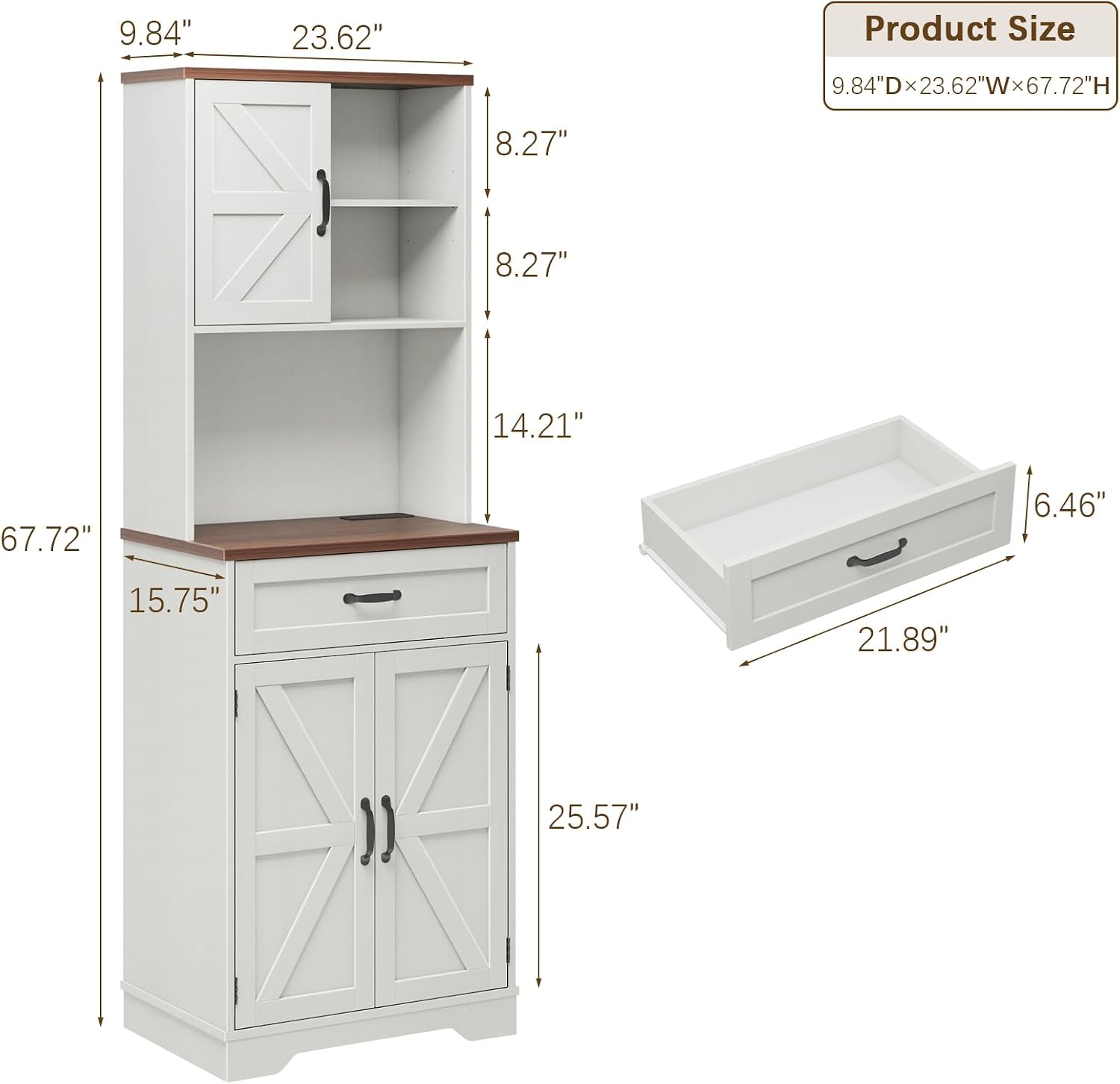 Vabches 68" Farmhouse Storage Cabinet with LED Light & Charging Station, Tall Kitchen Pantry Storage Cabinet with Storage Drawers, Coffee Bar with Hutch for Home Dining Living Room, Rustic White