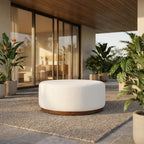 Brown Round Boucle Upholstered Ottoman, 38-Inch Diameter, Cushioned Top, Durable Fabric, Stylish Outdoor Furniture, Ideal for Patio Lounge
