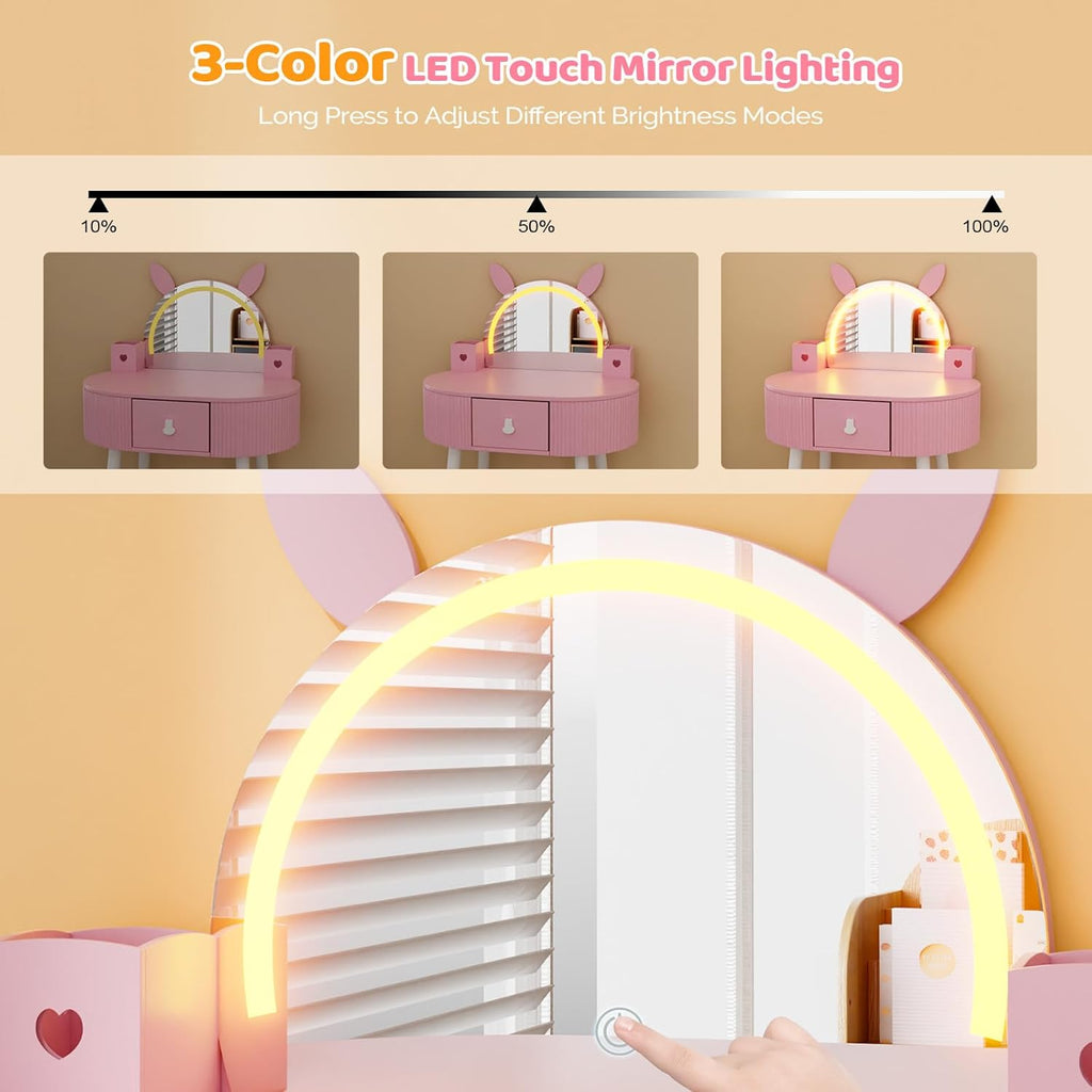 JOYMOR Kids Vanity with Lights, Girls Vanity Set w/Touch Screen 3 Colors Adjustment, Solid Wood Leg, 1 Drawer, 2 Storage Boxes, Kids Vanity Table and Chair Set (Pink)