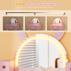 JOYMOR Kids Vanity with Lights, Girls Vanity Set w/Touch Screen 3 Colors Adjustment, Solid Wood Leg, 1 Drawer, 2 Storage Boxes, Kids Vanity Table and Chair Set (Pink)