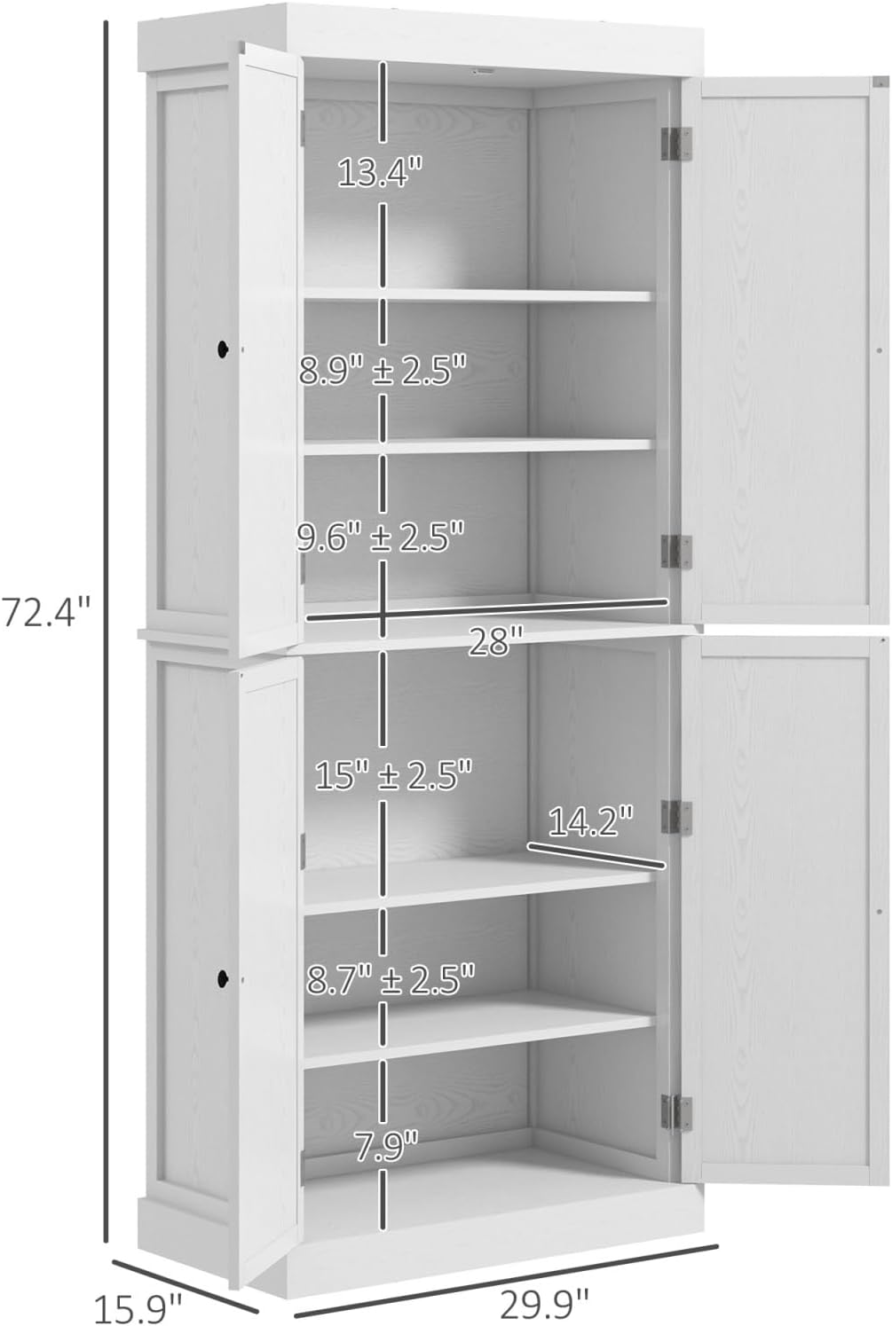 White Modern Style Freestanding Food Pantry Cabinet, Kitchen Floor Storage Cabinet with 4 Doors & 6-Tier Shelves, Dining Room Living Room Bathroom, 30x16x72.5 Inches