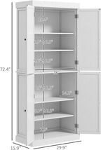 White Modern Style Freestanding Food Pantry Cabinet, Kitchen Floor Storage Cabinet with 4 Doors & 6-Tier Shelves, Dining Room Living Room Bathroom, 30x16x72.5 Inches