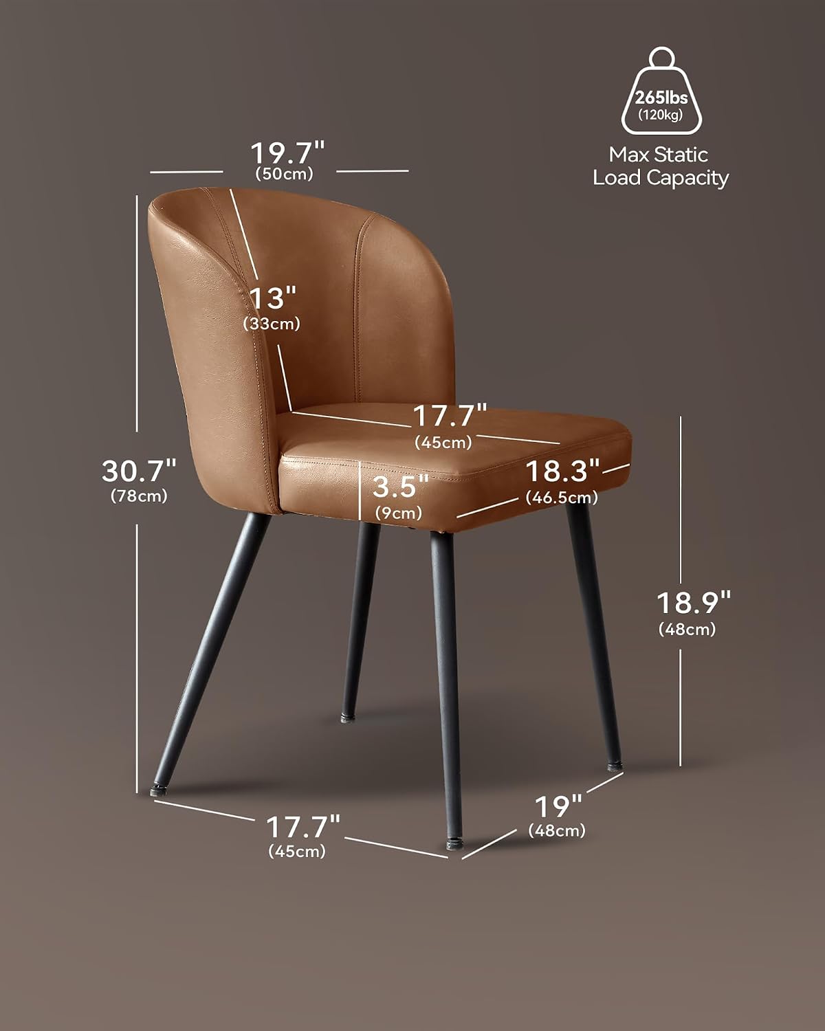 BedsPick Dining Chairs Set of 2 - PU Leather Kitchen Chairs with Metal Legs, Mid-Century Modern Upholstered Dining Room Chair for Kitchen, Living Room, Caramel Brown