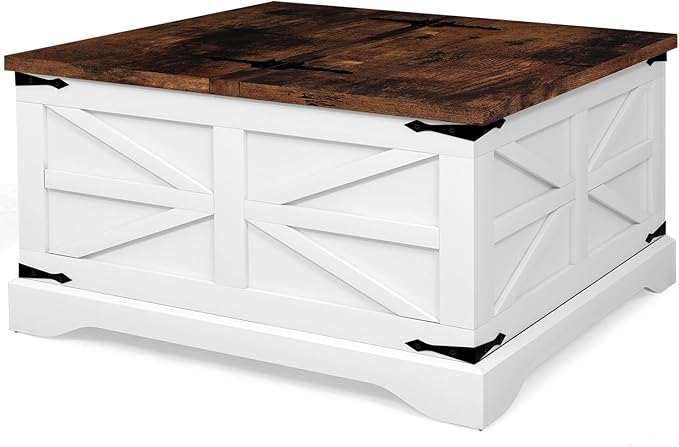 oneinmil Farmhouse Coffee Table with Storage Organizer, Square Coffee Tables with Large Storage Space, Center Table for Living Room, Bedroom, Home Office, White