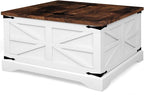oneinmil Farmhouse Coffee Table with Storage Organizer, Square Coffee Tables with Large Storage Space, Center Table for Living Room, Bedroom, Home Office, White
