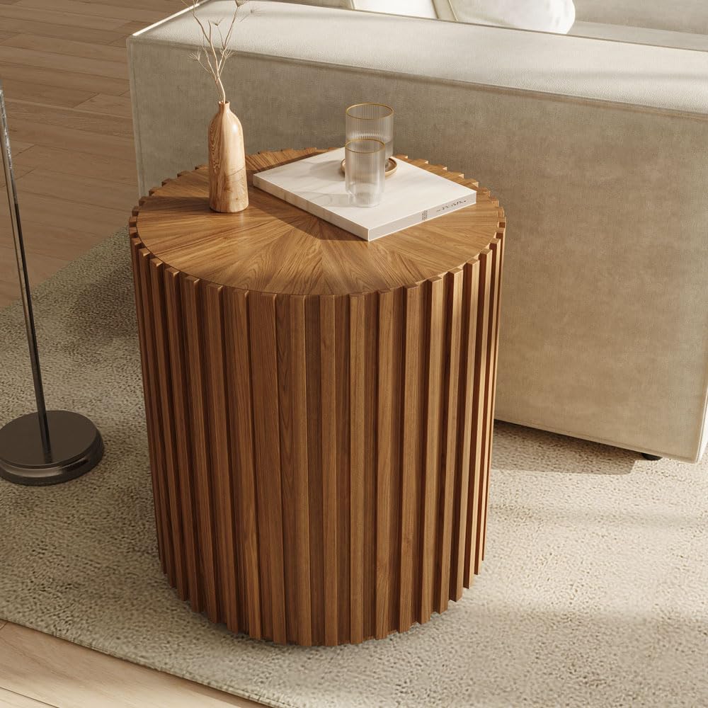 POVISON Fluted Side Set of 2, 20.08" Round End Side Table with Fluted Design for Living Room Bedroom Office, Light Walnut