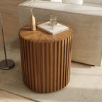 POVISON Fluted Side Set of 2, 20.08" Round End Side Table with Fluted Design for Living Room Bedroom Office, Light Walnut
