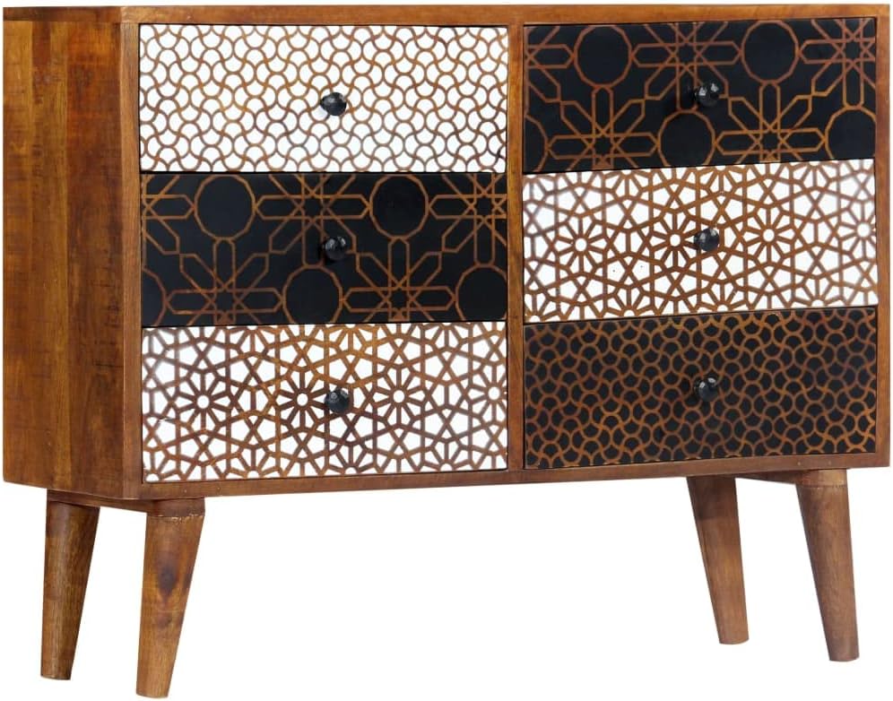Mid-Century Modern Sideboard with Six Large Drawers, Solid Mango Wood and MDF Medium, Brown Printed Patterns Geometric Designs for Living Dining Room Storage