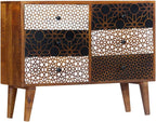 Mid-Century Modern Sideboard with Six Large Drawers, Solid Mango Wood and MDF Medium, Brown Printed Patterns Geometric Designs for Living Dining Room Storage