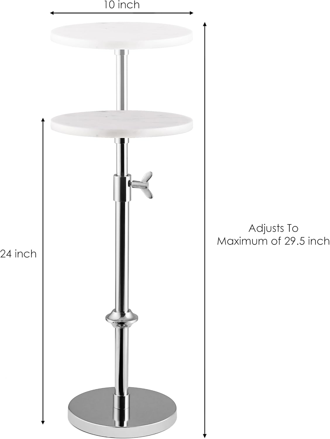 Modern Chrome Side Table Adjustable Height – Polished Chrome Finish Bedside Table, Coffee Table or Plant Stand, 29” Tall with Marble Top and Aluminium Iron Frame for Bedroom, Bathroom, or Living Room