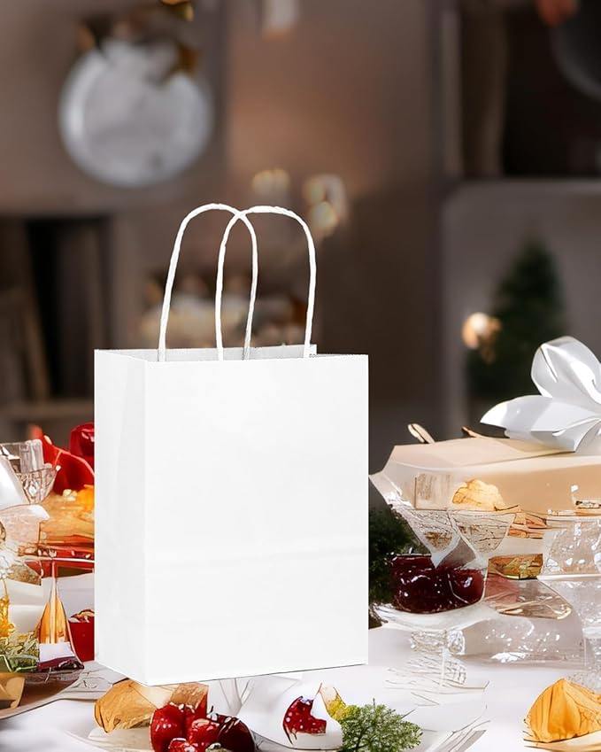 qiqee 50-Packs White Paper Gift Bags with Handles Bulk 8.3"x3"x 6" Small Size Paper Bags Multiple Uses(Small Size)