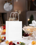 qiqee 50-Packs White Paper Gift Bags with Handles Bulk 8.3"x3"x 6" Small Size Paper Bags Multiple Uses(Small Size)