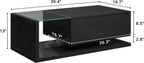 holzart Compact Low-Profile Coffee Table with LED Lights & Storage, 39.4" Small Black High Gloss Modern Center Table with Tempered Glass & Drawer for Small Spaces, Apartments & Gaming