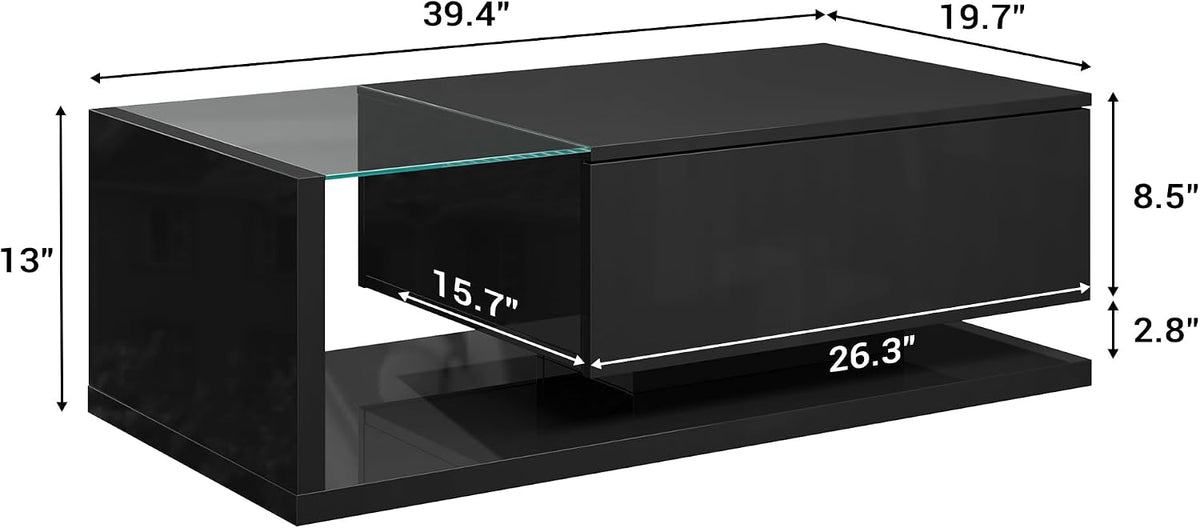 holzart Compact Low-Profile Coffee Table with LED Lights & Storage, 39.4" Small Black High Gloss Modern Center Table with Tempered Glass & Drawer for Small Spaces, Apartments & Gaming