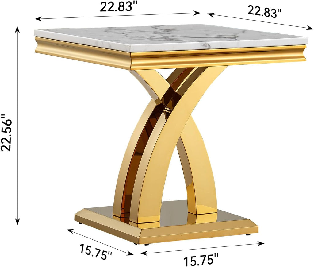SSLine Modern White Faux Marble End Table Luxury Square Sofa Side Table with Gold Pedestal Base Mid-Century Elegant Bedside Table w/Mirrored Stainless Steel Frame for Living Room Bedroom