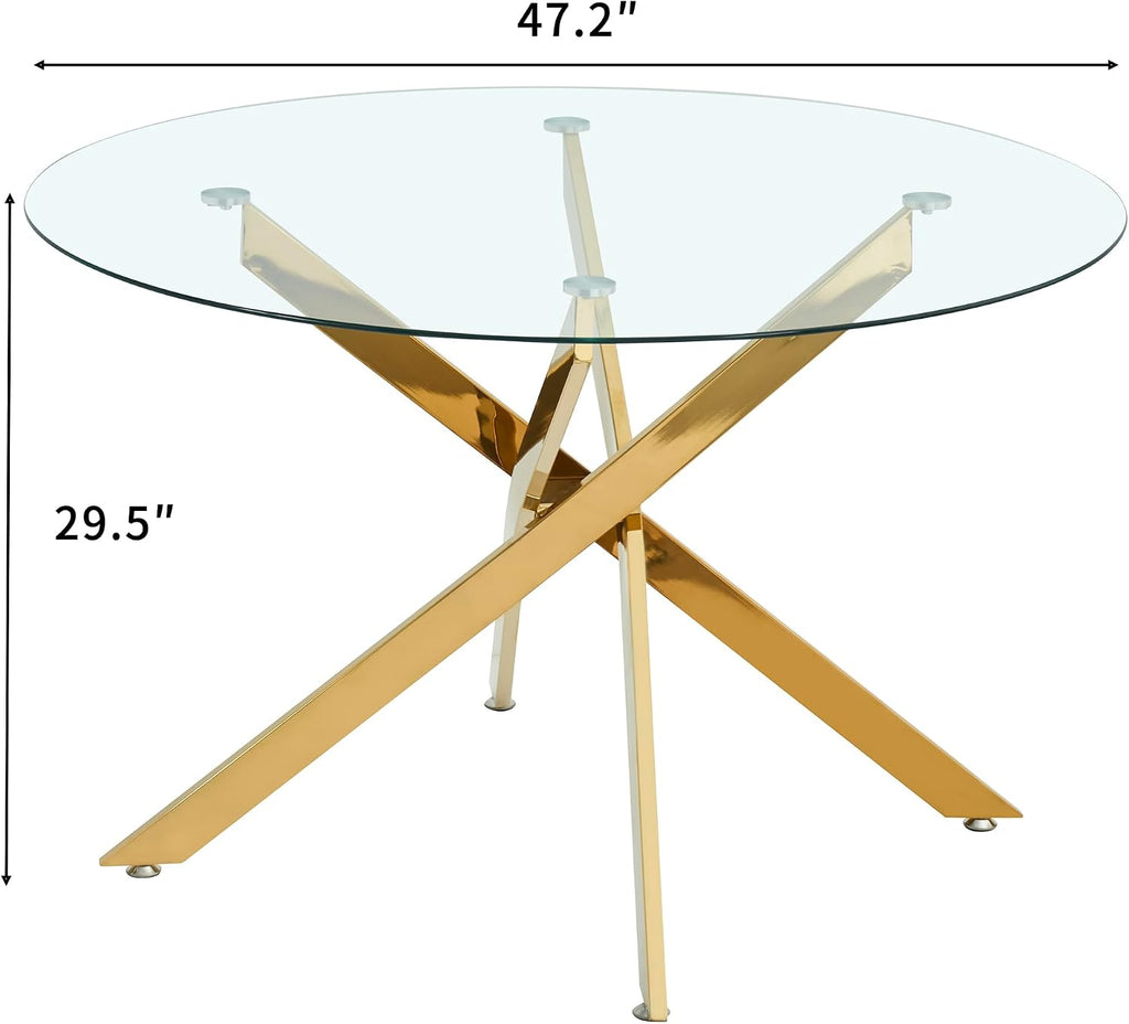 47.2'' Round Glass Dining Table for 4, Glass Round Dining Room Table with X-Shape Metal Legs, Clear Circular Top Gold Kitchen Table for 4, Perfect for Apartment Small Space