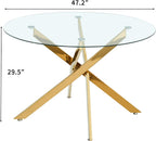 47.2'' Round Glass Dining Table for 4, Glass Round Dining Room Table with X-Shape Metal Legs, Clear Circular Top Gold Kitchen Table for 4, Perfect for Apartment Small Space