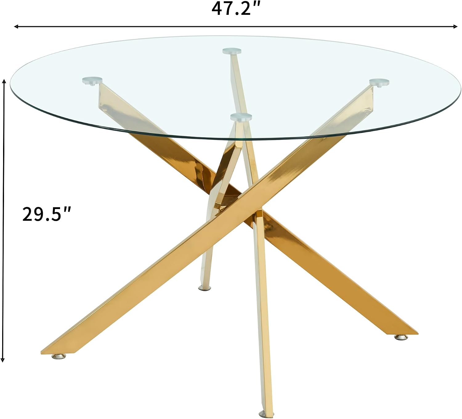 47.2'' Round Glass Dining Table for 4, Glass Round Dining Room Table with X-Shape Metal Legs, Clear Circular Top Gold Kitchen Table for 4, Perfect for Apartment Small Space