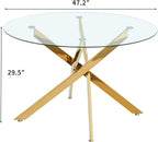 47" Round Glass Dining Table for 4-6, Circle Kitchen Table with Tempered Glass Top & Gold Metal Cross Legs, Modern Glass Dinner Table for Kitchen Dining Room Small Apartment