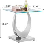 Modern Square End Table for Living Room, Tempered Glass Top & Moon Shape Stainless Steel Base, Luxury Glass Sofa Side Bedside Table, Night Stand, Small Accent Table, Silver