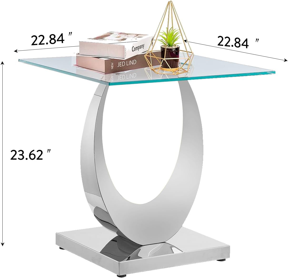 Modern Square End Table for Living Room, Tempered Glass Top & Moon Shape Stainless Steel Base, Luxury Glass Sofa Side Bedside Table, Night Stand, Small Accent Table, Silver