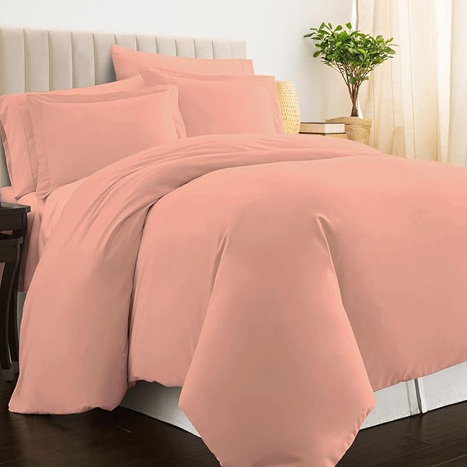Pizuna Pure 100% Cotton King Duvet Cover Set, Luxurious 400 Thread Count Long Staple Cotton Sateen Weave with Button Closure (Combed Coral Pink Cotton Duvet Cover King)