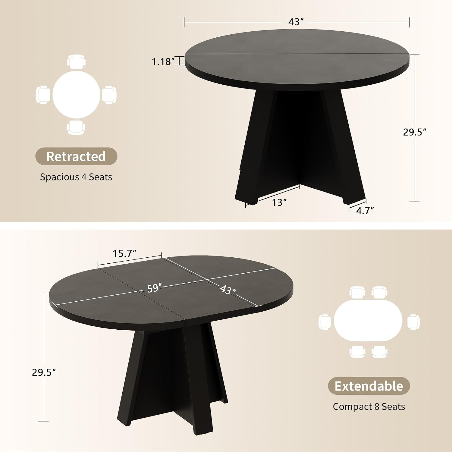 iPormis 43.3in-59in Extendable Round Dining Table for 4-6, Modern Wooden Kitchen Table for Dining Room, Adjustable Size Oval Circle Dinner Tables Furniture for Kitchen Living Room, Black