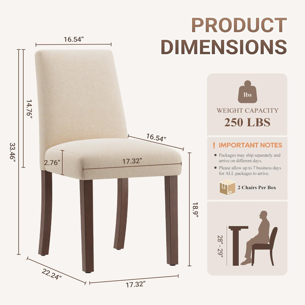 Upholstered Dining Chairs Set of 6, Mid-Century Dining Room Chairs with Wooden Legs, Farmhouse Fabric Parsons Chairs for Small Space Restaurant & Cafe- Beige