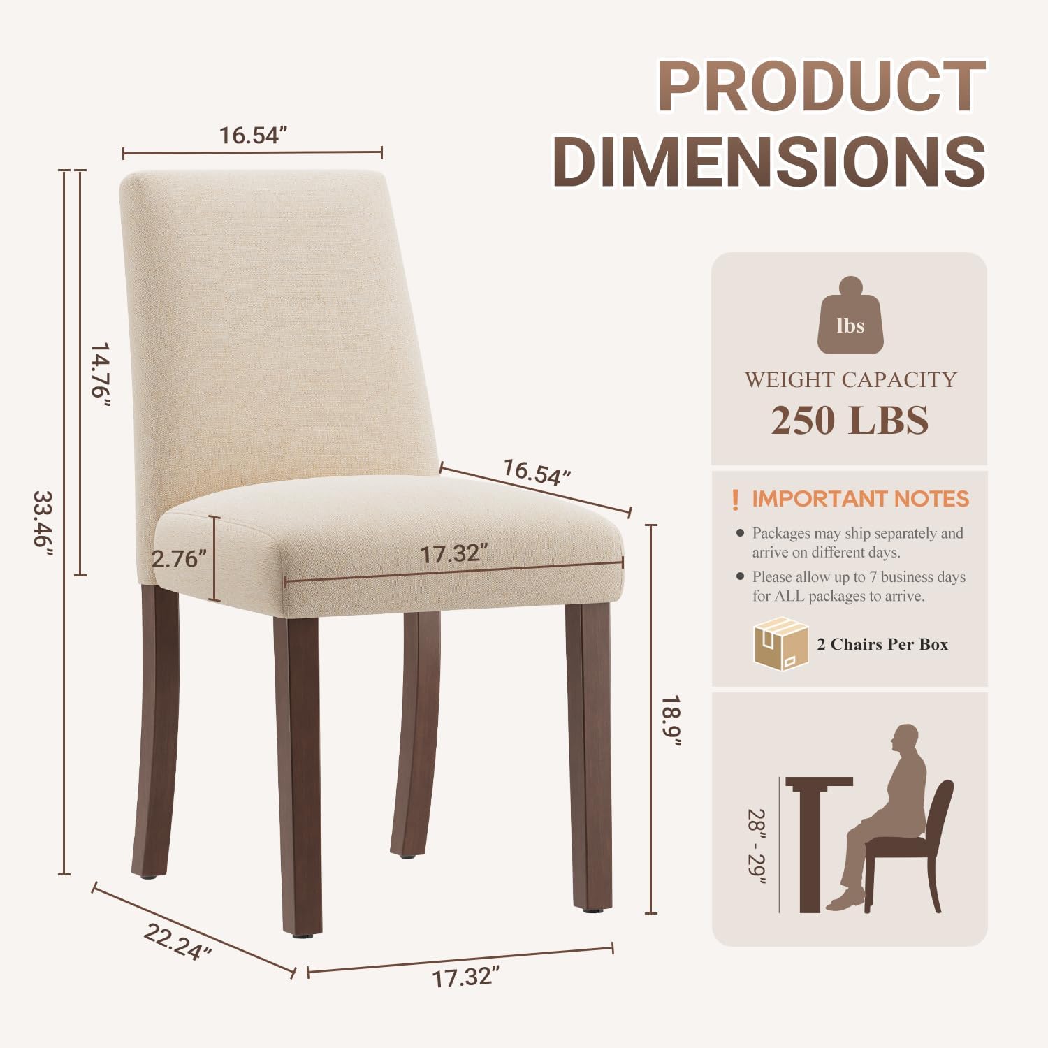 Upholstered Dining Chairs Set of 6, Mid-Century Dining Room Chairs with Wooden Legs, Farmhouse Fabric Parsons Chairs for Small Space Restaurant & Cafe- Beige