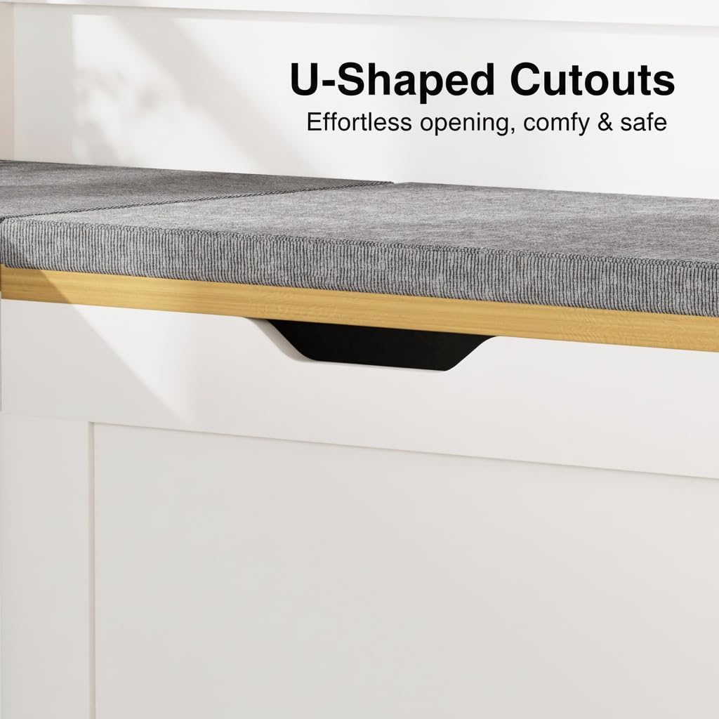 L-Shape Storage Bench with Cushion, 3-Pcs Large Capacity Entryway Chest Corner Seating Bench, Modern Modular Organizer Box for Kitchen, Living Room, Dining Room, Bedroom (White & Wood)