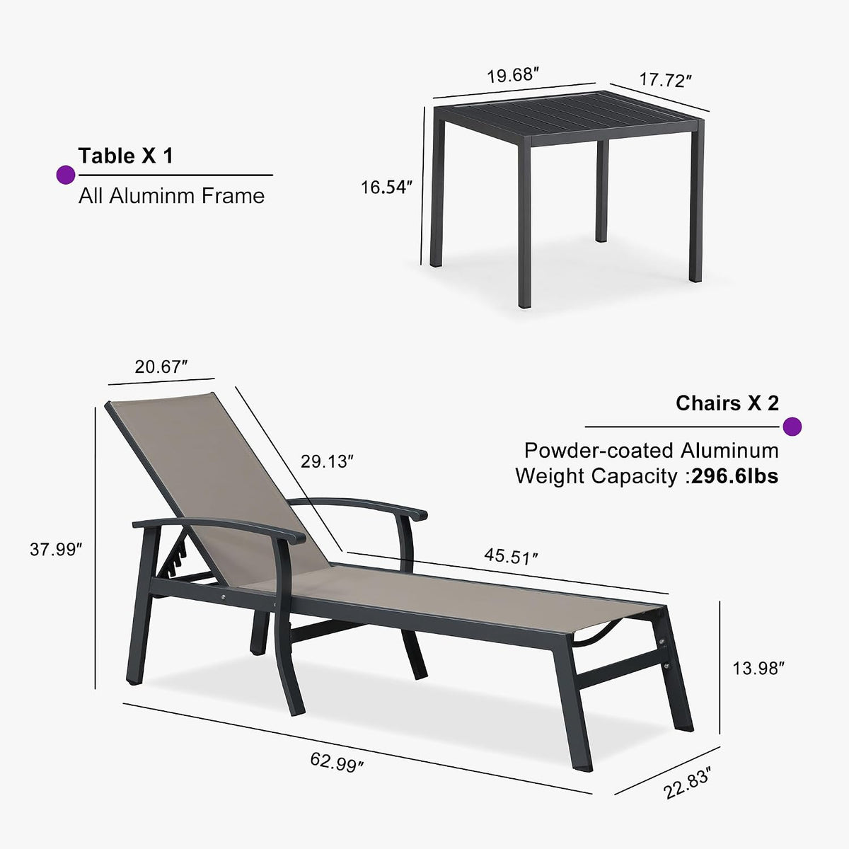 PURPLE LEAF Outdoor Chaise Lounge Chairs Set of 2 Aluminum Frame, Taupe | Textilene quick dry & durable, Powder coat for anti-rust, Armrests added comfort, Built-in Side Table, 5 Adjustable position