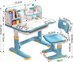 Kids Desk and Chair Set,Height Adjustable Study Table with Storage Drawer Ergonomic Seat Cartoon Pattern Widened Desktop for Children Aged 3-16 Years Old Blue