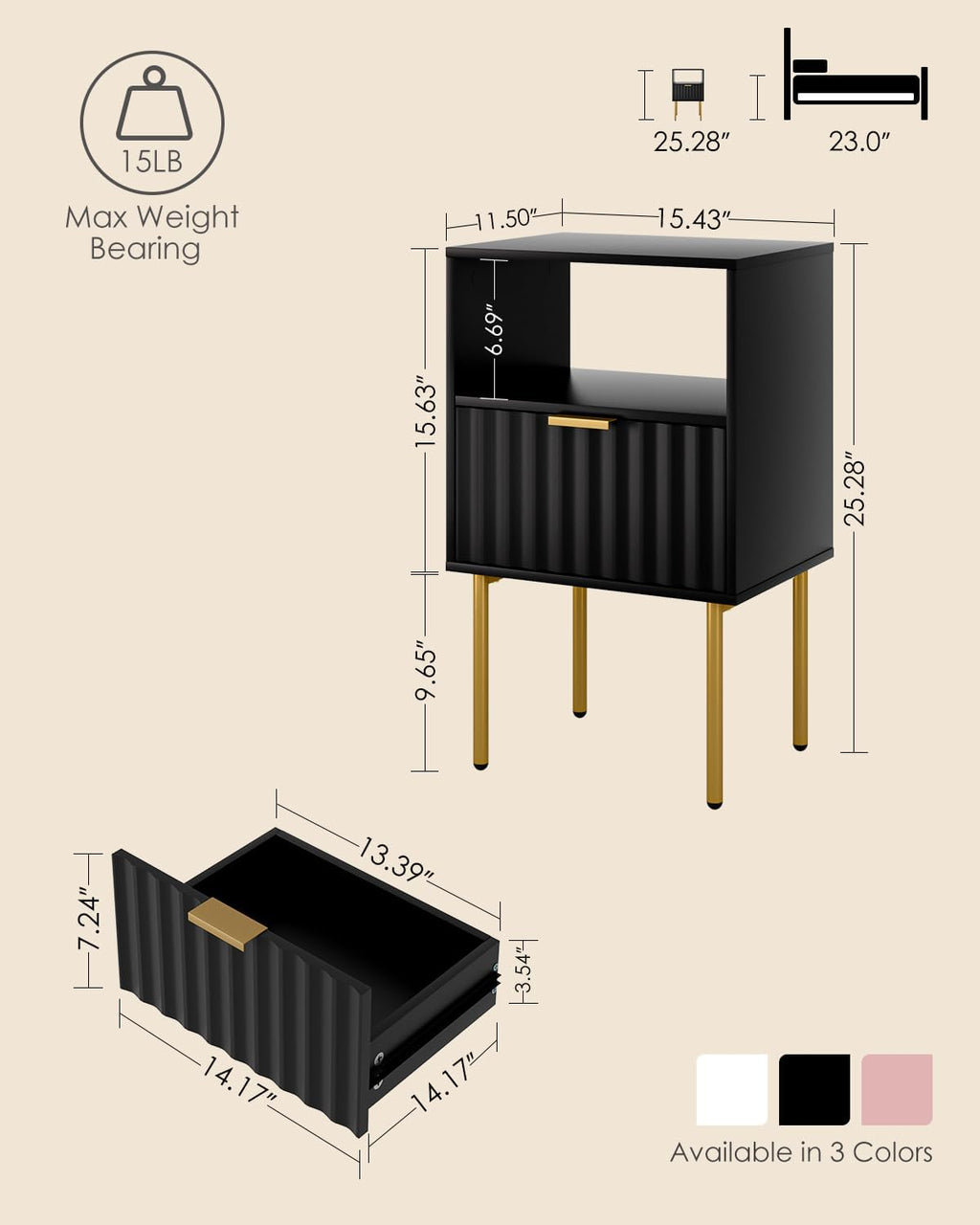Nightstand,Modern Bedside Table with Gold Frame,White Night Stand,Bedside Furniture, Modern Side Table with Drawer and Shelf for Bedroom (Black)