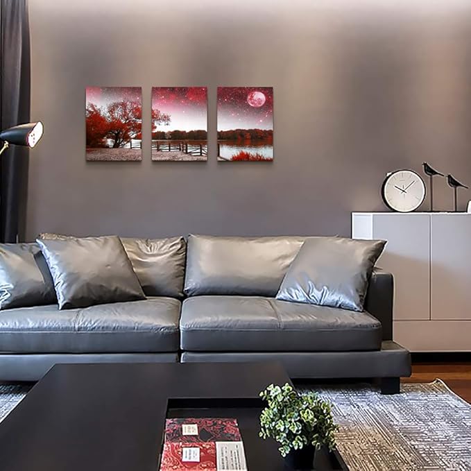 Wall Art Decor Poster Living Room abstract Red Tree Moon Starry Sky red Landscape Painting Bathroom Wall Art Bedroom Canvas Prints 3 Pieces Picture Works Ready to Hang Office Home decoration Artwork