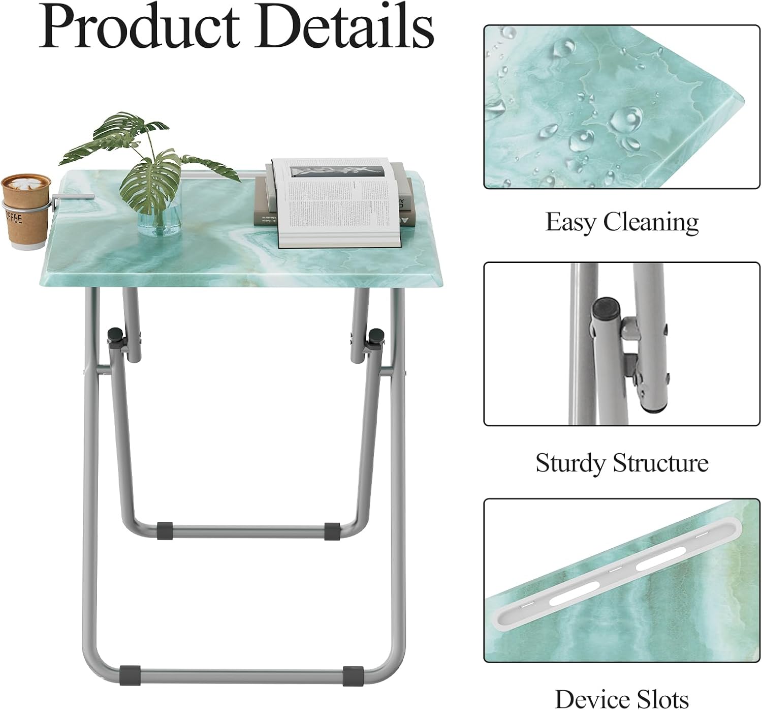 TV Trays Table Set of 2 Portable Folding TV Tray Table TV Dinner Tray with Sturdy MDF, Small Folding Tables with Phone & Tablet Slot, No Assembly Required, 15 x 18.9 x 25.6 in (Sea Blue Marble, 2Pcs)