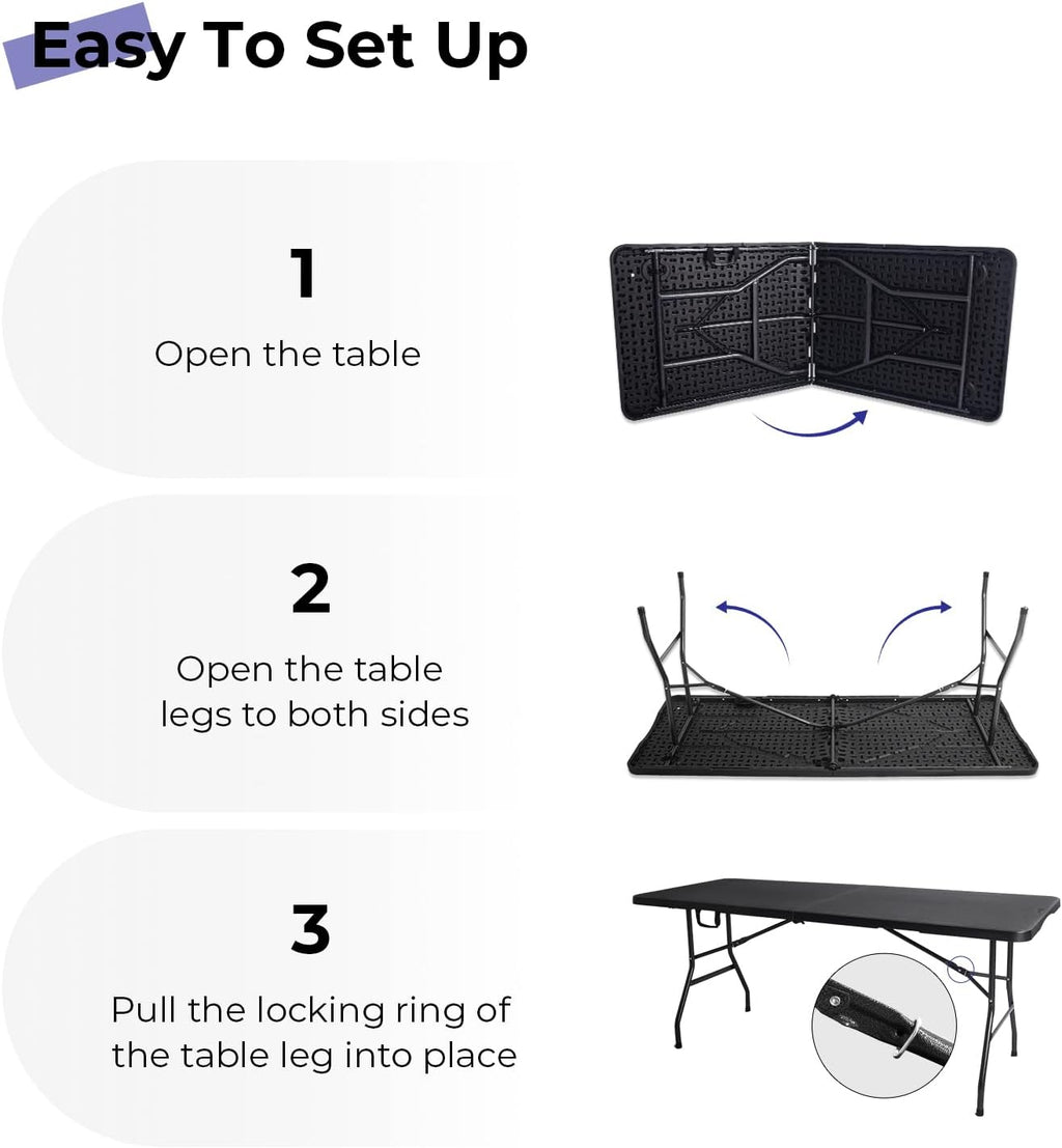 Folding Table 6ft, Heavy Duty Portable Utility Table with Handle, Black | Fold-in-half Design,Easy Storage,HDPE Top,Sturdy Legs,330lbs Support,Indoor Outdoor Use for Dining,Parties,Picnic