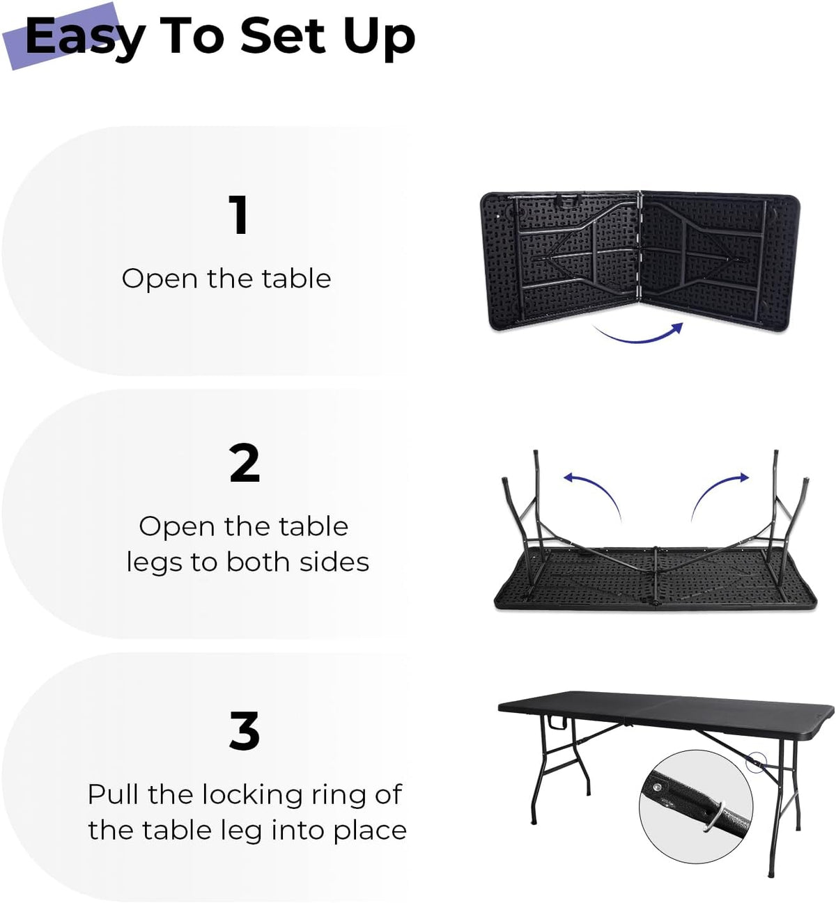 Folding Table 6ft, Heavy Duty Portable Utility Table with Handle, Black | Fold-in-half Design,Easy Storage,HDPE Top,Sturdy Legs,330lbs Support,Indoor Outdoor Use for Dining,Parties,Picnic