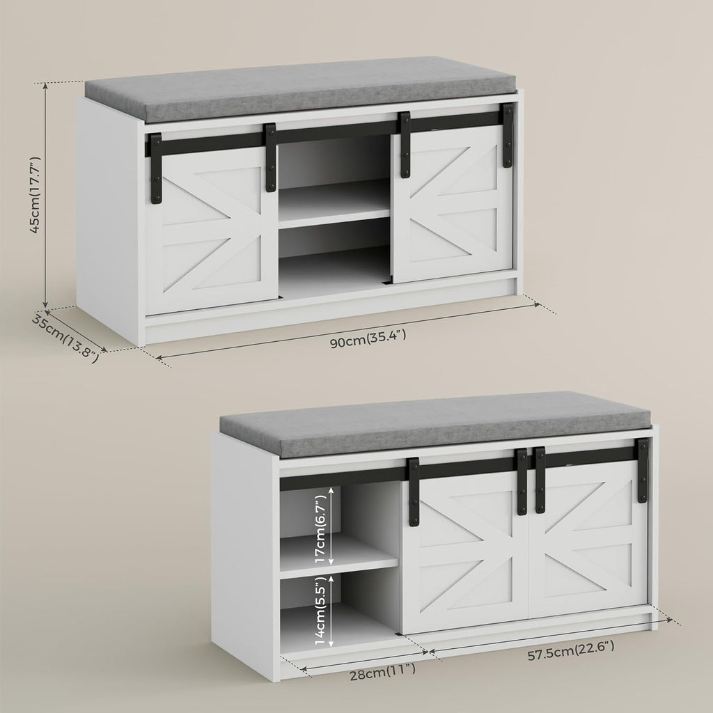 Mondeer Shoe Storage Bench, 2-Tier Farmhouse Entryway Bench with Sliding Barn Door Storage Cabinets & Removable Seat Cushion, for Entryway Hallway Bedroom, 90 x 45 x 35 cm, White