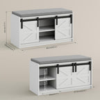 Mondeer Shoe Storage Bench, 2-Tier Farmhouse Entryway Bench with Sliding Barn Door Storage Cabinets & Removable Seat Cushion, for Entryway Hallway Bedroom, 90 x 45 x 35 cm, White