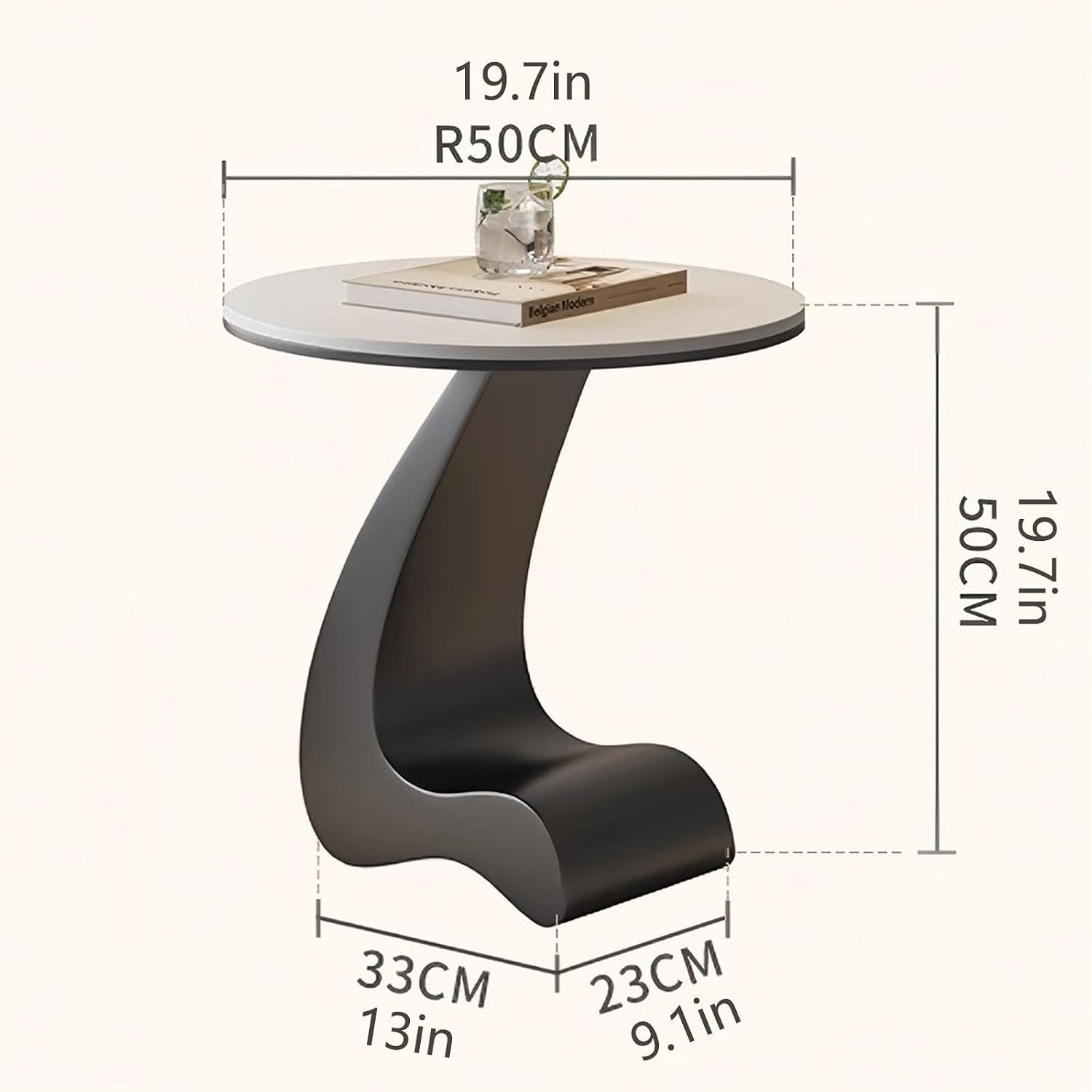 Modern Round Side Table,C Shaped End Table for Couch,Coffee Table with Sintered Stone Tabletop and Metal Frame for Living Room Balcony,Snow Mountain White