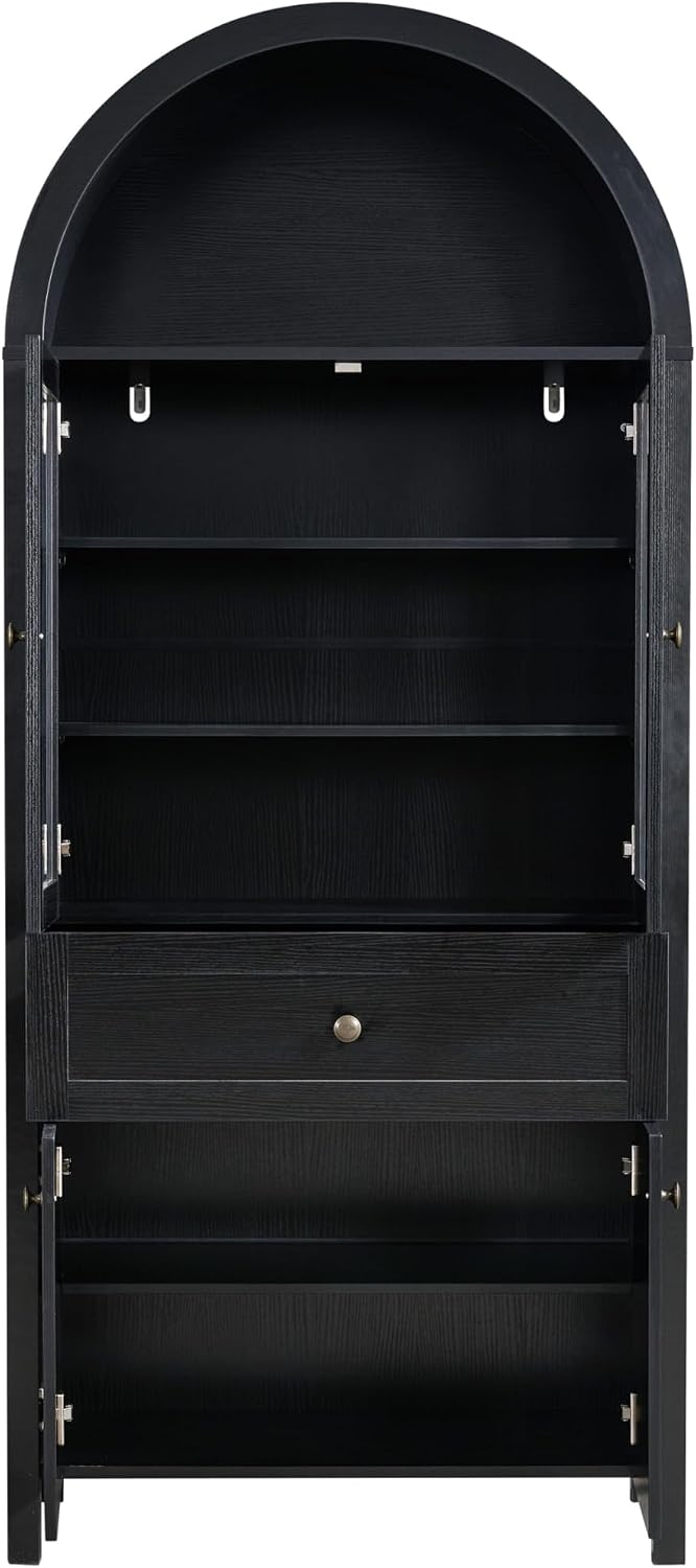 71" Tall Arched Pantry Cabinet, Kitchen Storage Pantry Cabinet, Farmhouse Wood Arched Bookshelf with Drawers and Adjustable Shelves for Living Room, Kitchen, Dining Room (Black)