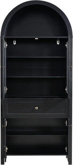 71" Tall Arched Pantry Cabinet, Kitchen Storage Pantry Cabinet, Farmhouse Wood Arched Bookshelf with Drawers and Adjustable Shelves for Living Room, Kitchen, Dining Room (Black)