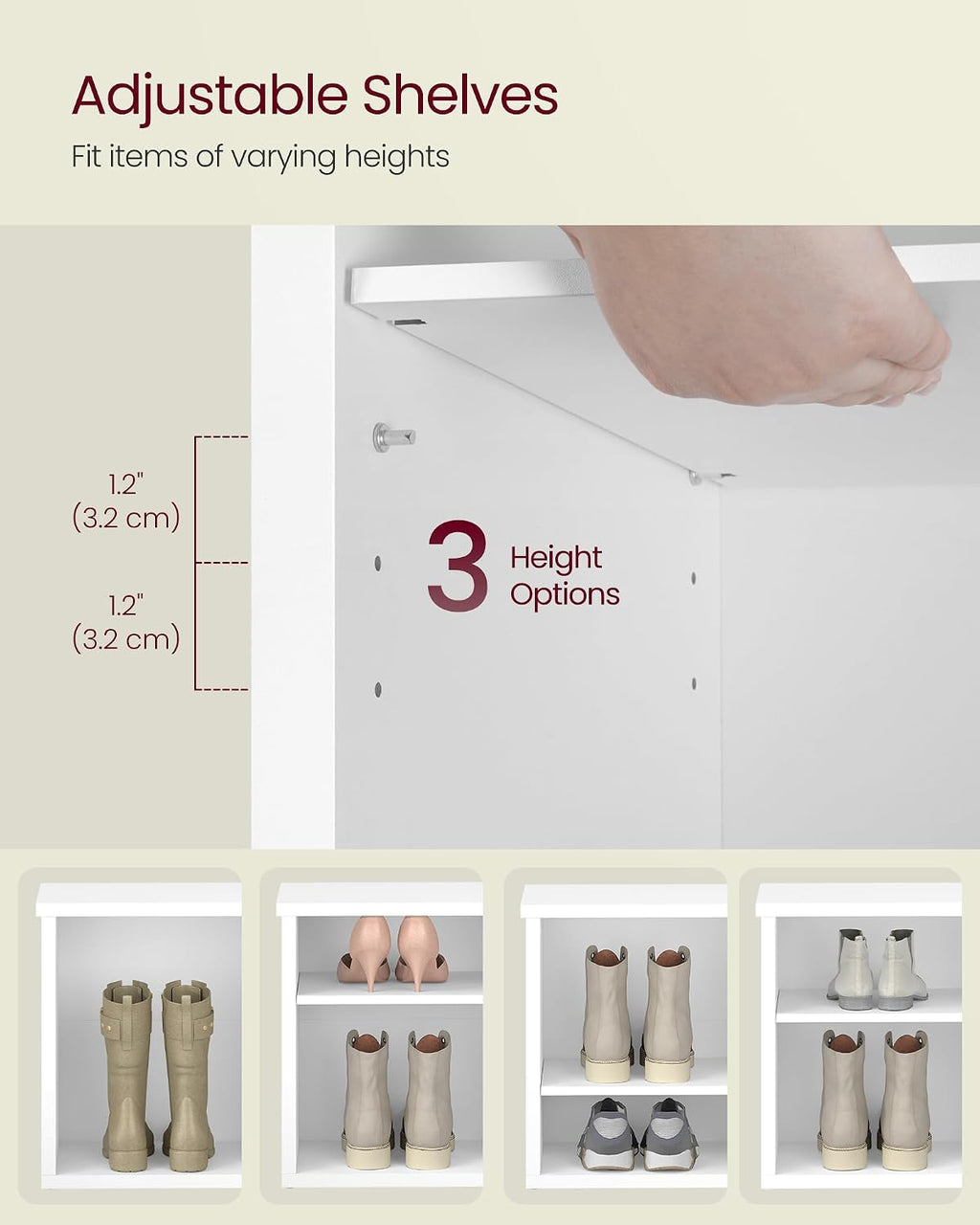 VASAGLE Shoe Bench, Storage Bench, 6 Compartments, Adjustable Shelves, for Living Room, Entryway, Dorm, 11.6 x 39.4 x 19.7 Inches, Cloud White ULSB036W01